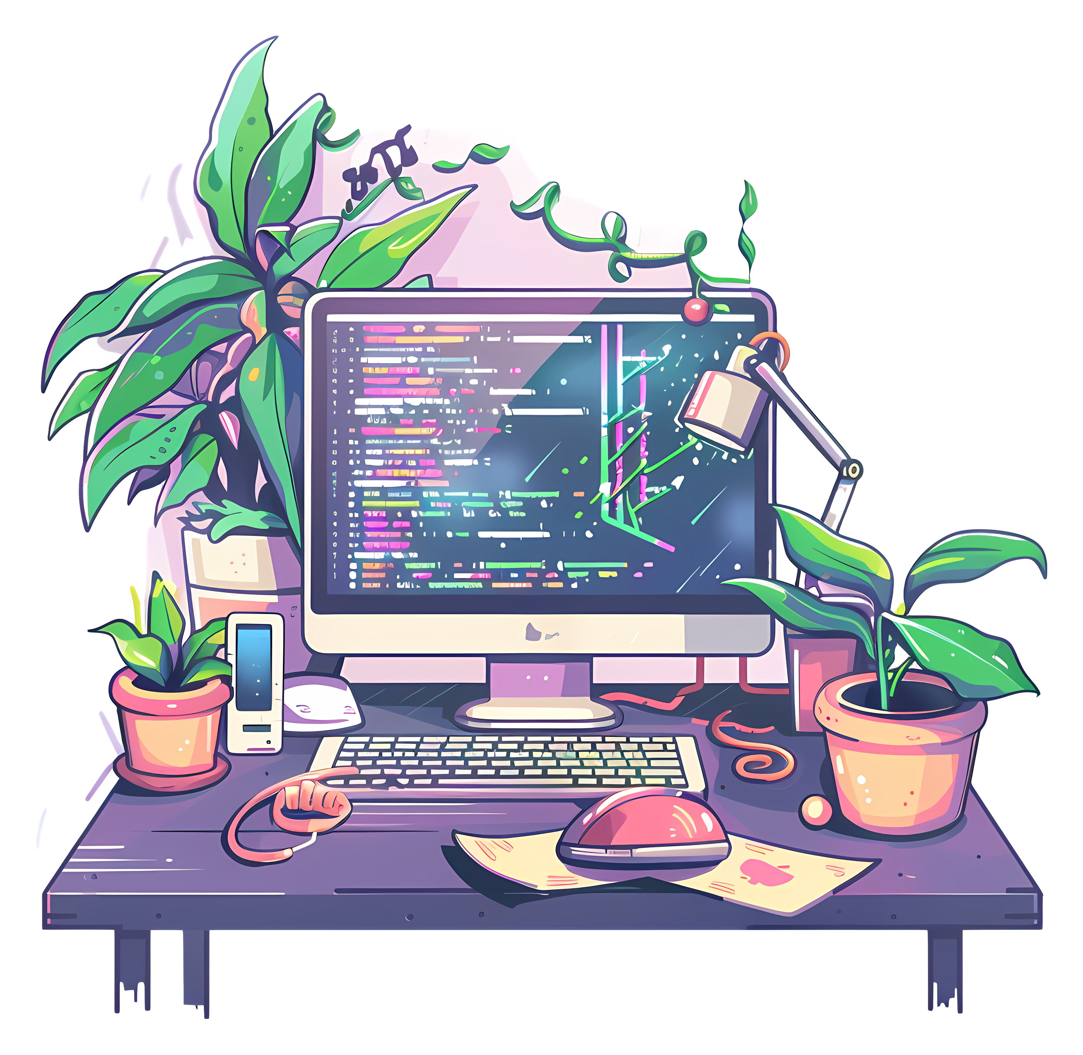 Computer on top of desk with plants around it